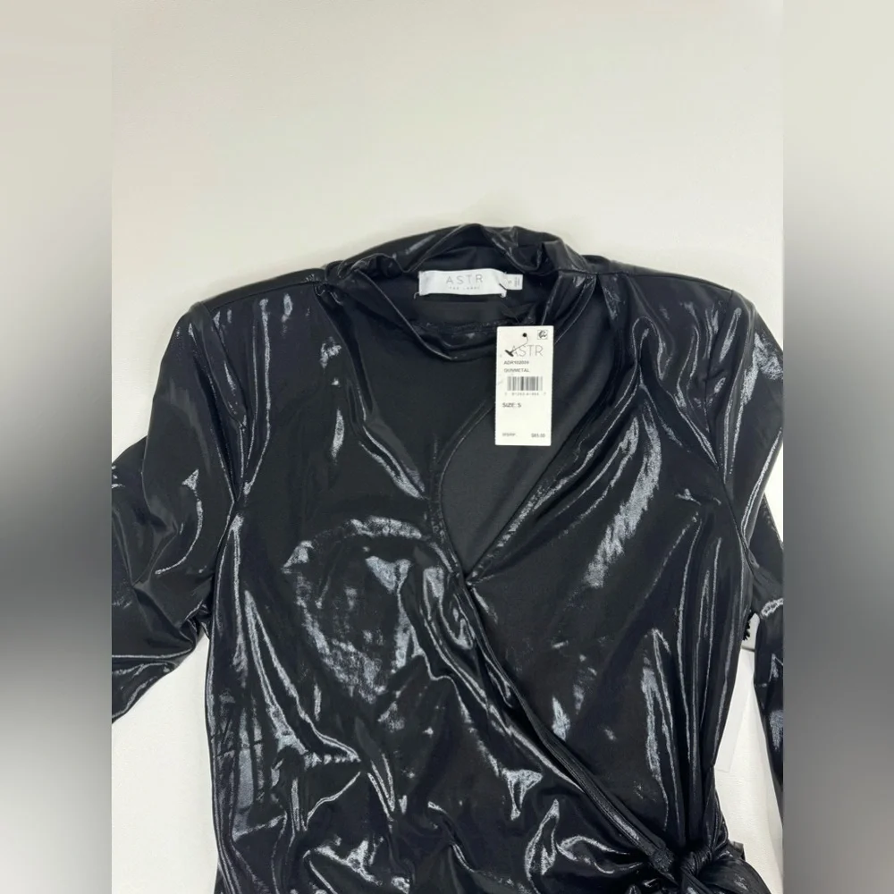 NWT ASTR The Cut Out Patent Long Sleeve Faux Wrap Mini Dress Small - Picture 4 of 16
